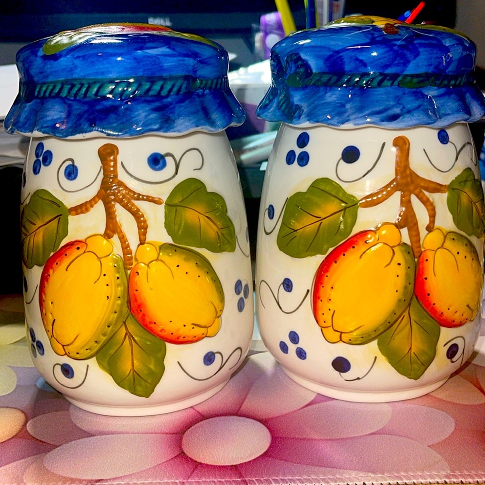 Set of 2 Vintage hand painted ceramic mango fruit depicting jars. Perfect shape